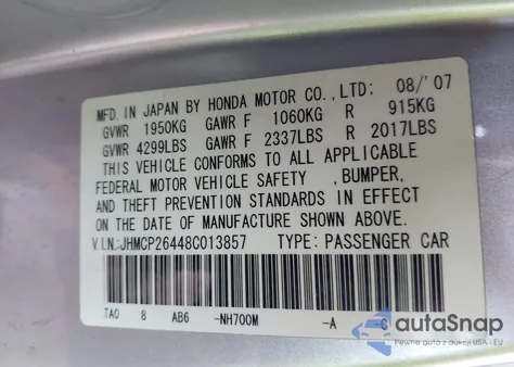 2008 Honda Accord Lxp z USA, uszkodzony, nr VIN JHMCP26448C013857